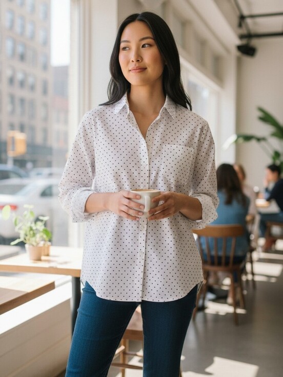 Amazon Essentials Tops - Amazon Essentials Women's White Button-Down Shirt W/Black Polka Dots Size Large